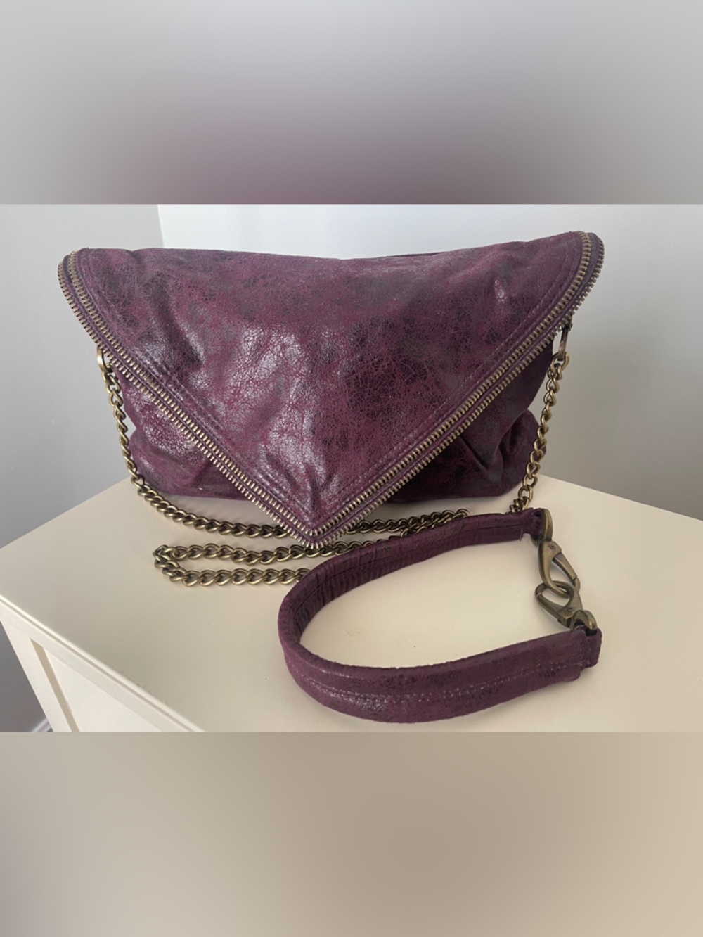 Matt & Nat Plum Leather Wristlet Clutch with Antique Gold Chain